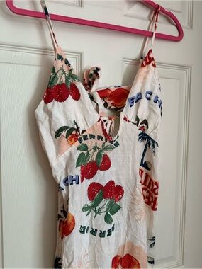 Linen Tie Back Fruit-Print Maxi Slip Dress with Spaghetti Straps
